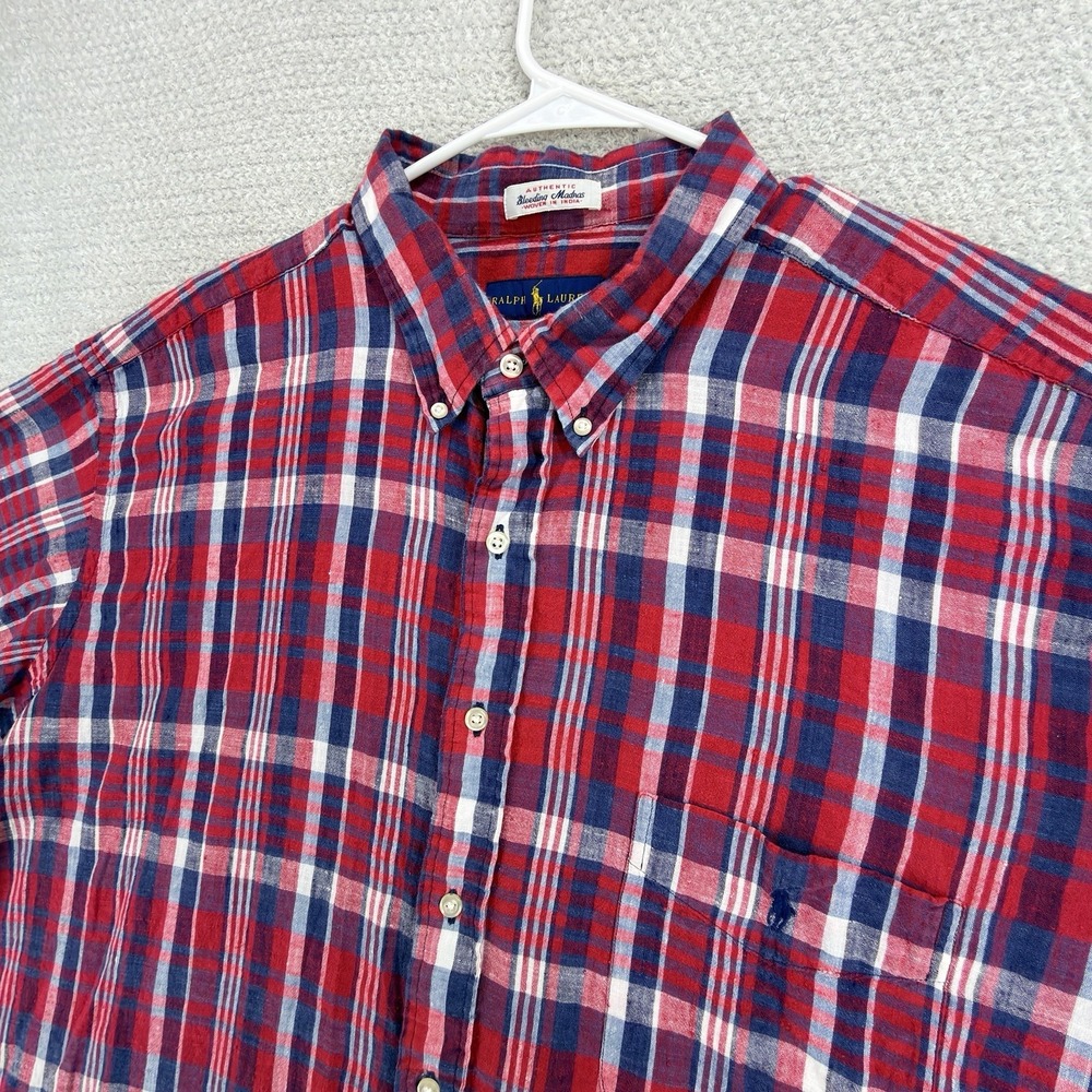 Ralph Lauren Bleeding Madras Plaid Shirt Mens 3XB Red Short Sleeve Pony